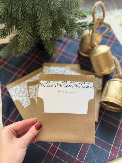 Season’s Greetings Notecard & Envelope Set – Black & White Christmas Floral Cards