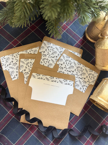 Season’s Greetings Notecard & Envelope Set – Black & White Christmas Floral Cards