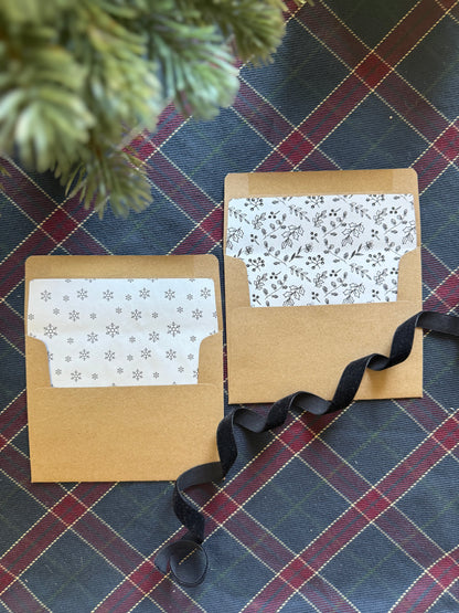 Snowflake & Christmas Floral Envelope Liners with A2 Kraft Envelopes – Black & White Holiday Set