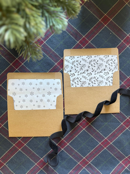 Snowflake & Christmas Floral Envelope Liners with A2 Kraft Envelopes – Black & White Holiday Set