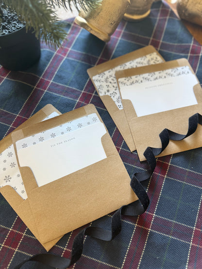 Snowflake & Christmas Floral Envelope Liners with A2 Kraft Envelopes – Black & White Holiday Set