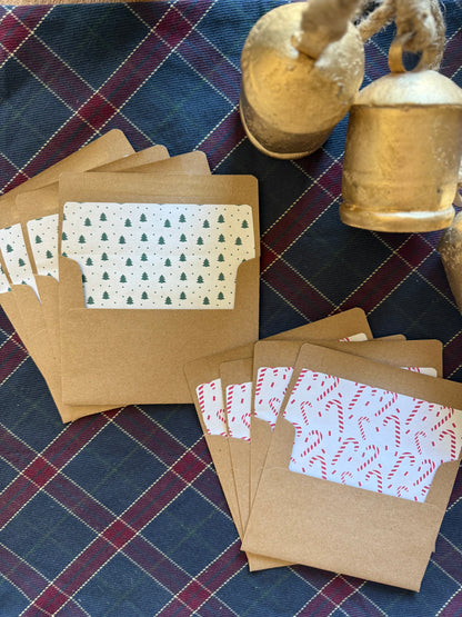 Candy Cane & Christmas Tree Envelope Liners Set with A2 Kraft Envelopes – Holiday Assortment