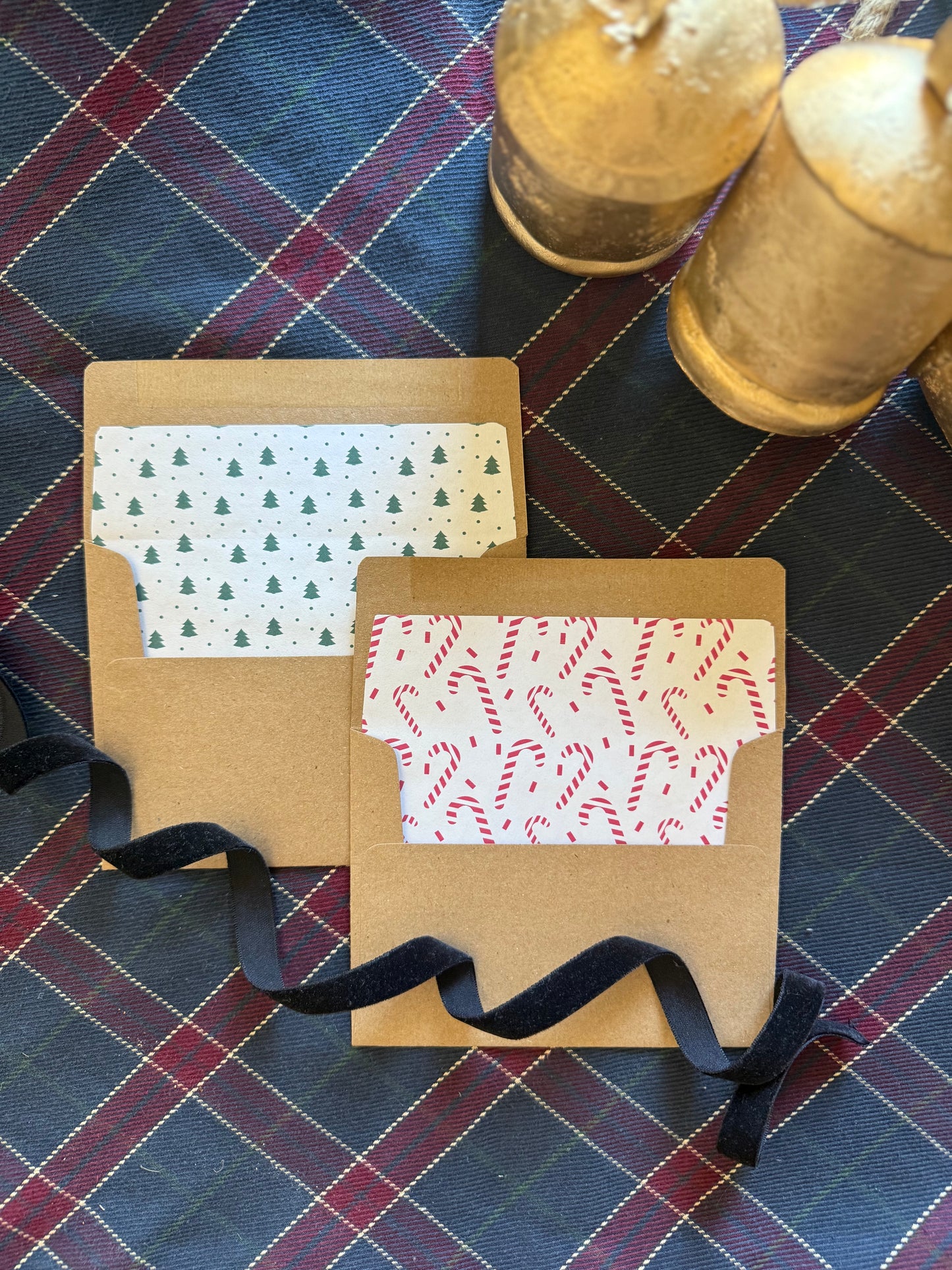 Candy Cane & Christmas Tree Envelope Liners Set with A2 Kraft Envelopes – Holiday Assortment